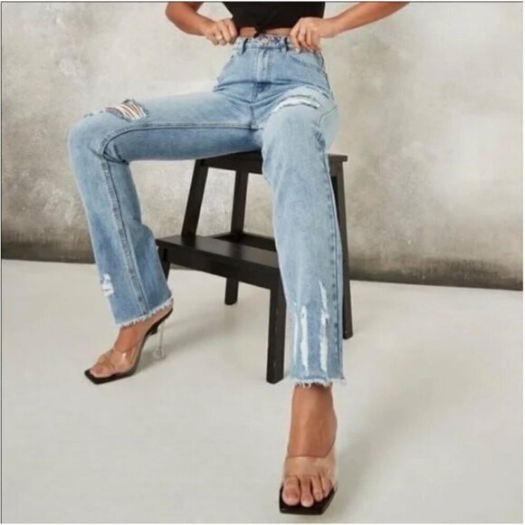 Missguided Ladder Hem Baggy Distressed Recycled Jeans, 6 - Picture 1 of 14